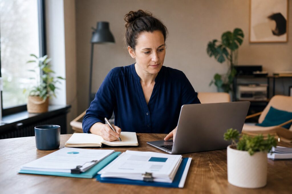 Solo-Selbstständige plant ihre berufliche Weiterbildung mit Laptop und Unterlagen