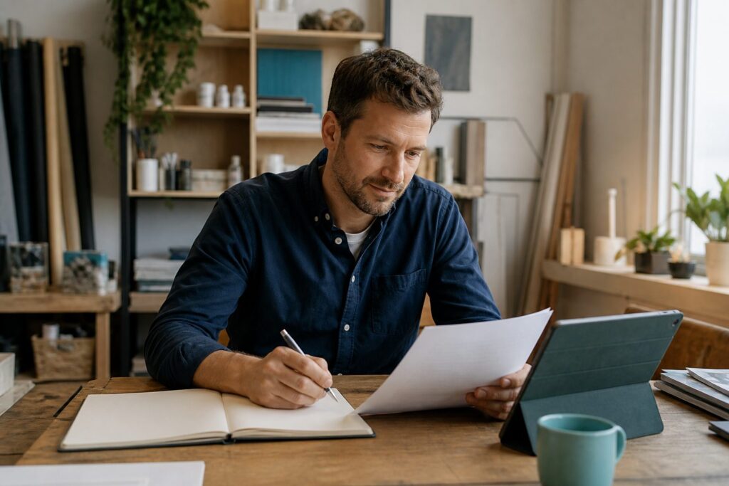 Selbstständiger prüft Unterlagen an einem Arbeitstisch in seinem Studio